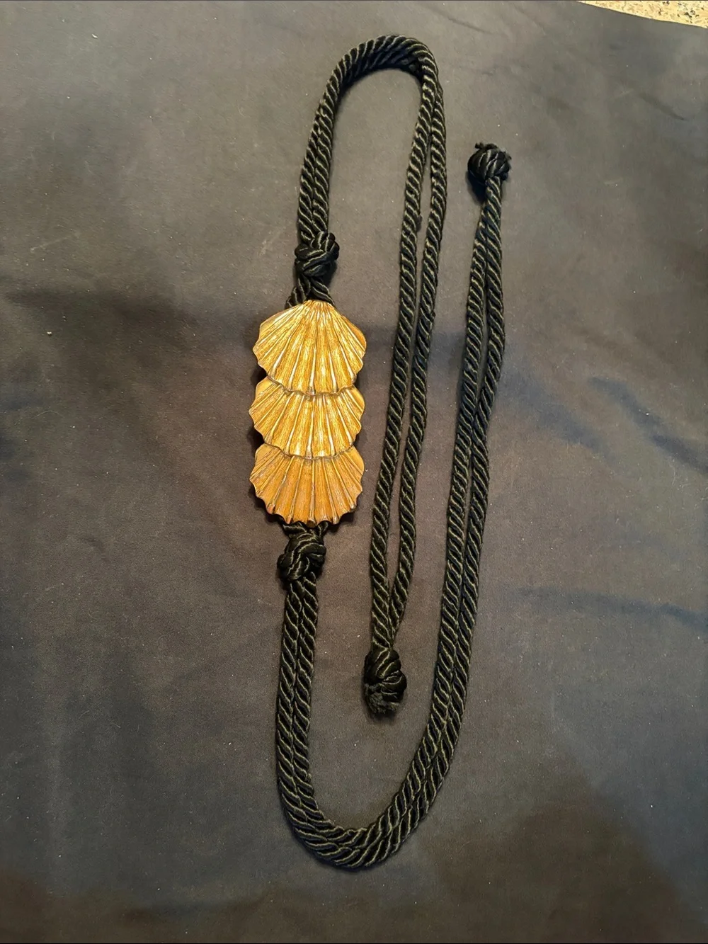 Gold Shell Belt with Black twisted velvet Cord shells 5”x2 1/2” total length 48”